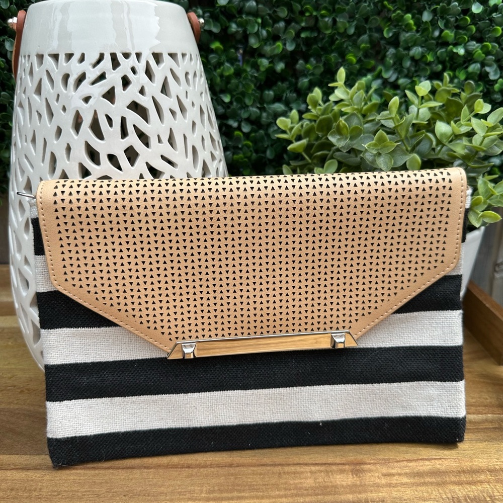 Stella & Dot City Slim Clutch with Black and Cream Stripes